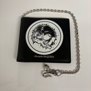 Alexander McQueen Skull Chain Wallet Black Leather Bifold w/ Silver Chain